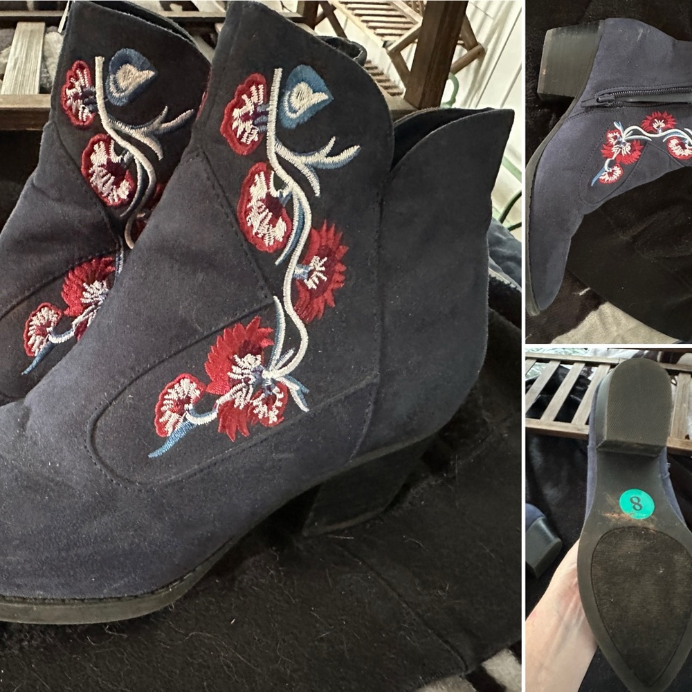 Embroidered Ankle Boots - Navy blue size 8 great condition